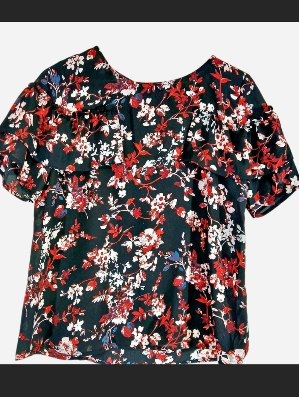 Xhiliration Black And Red Floral Ruffle Short Sleeve Blouse Shirt Top Medium